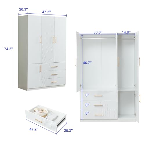 White 4 Doors 3 Drawers Wooden Closet Cabinet Wardrobe Armoire E79392