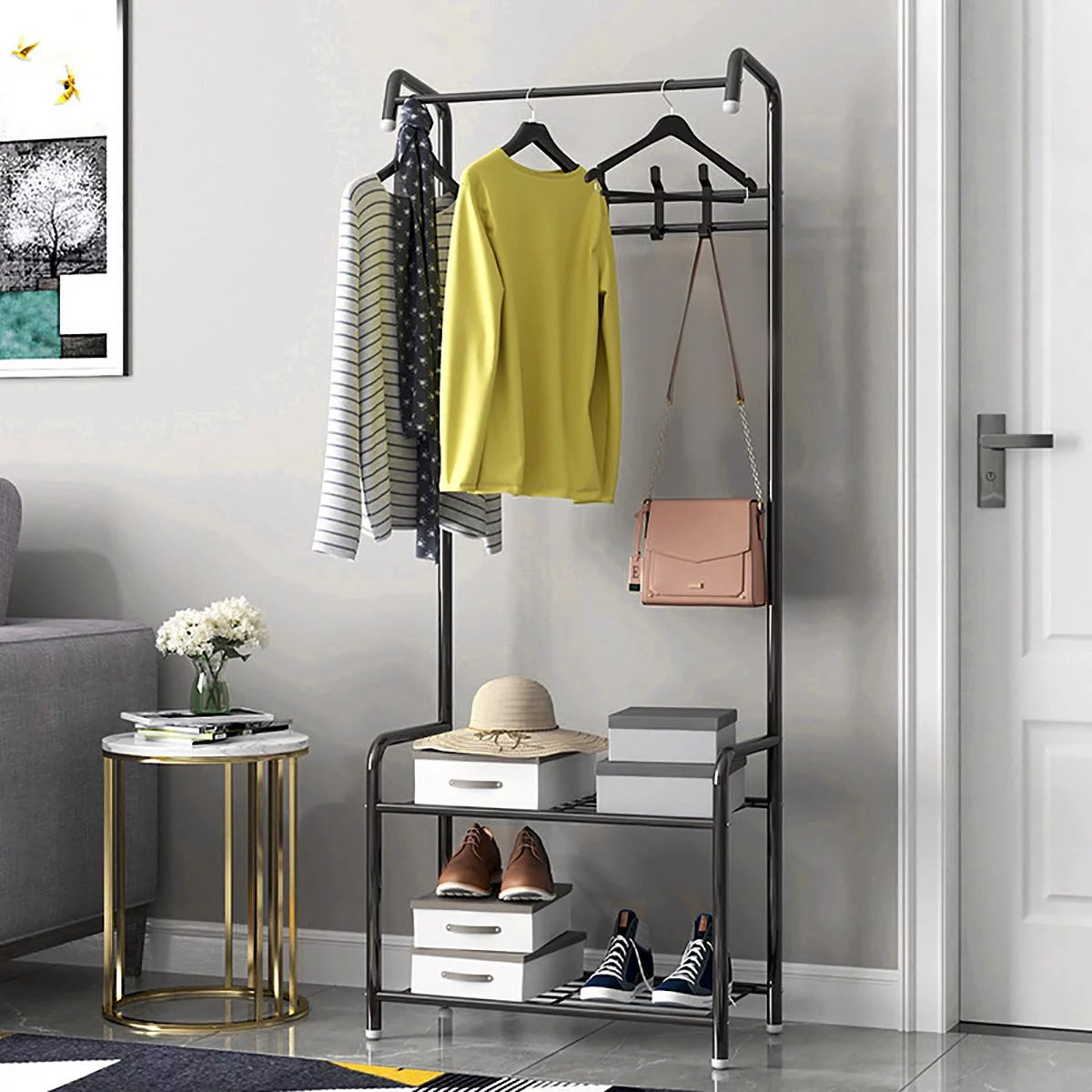 Metal Hall Tree Storage Organizer Shelf Clothes Stand Q346196