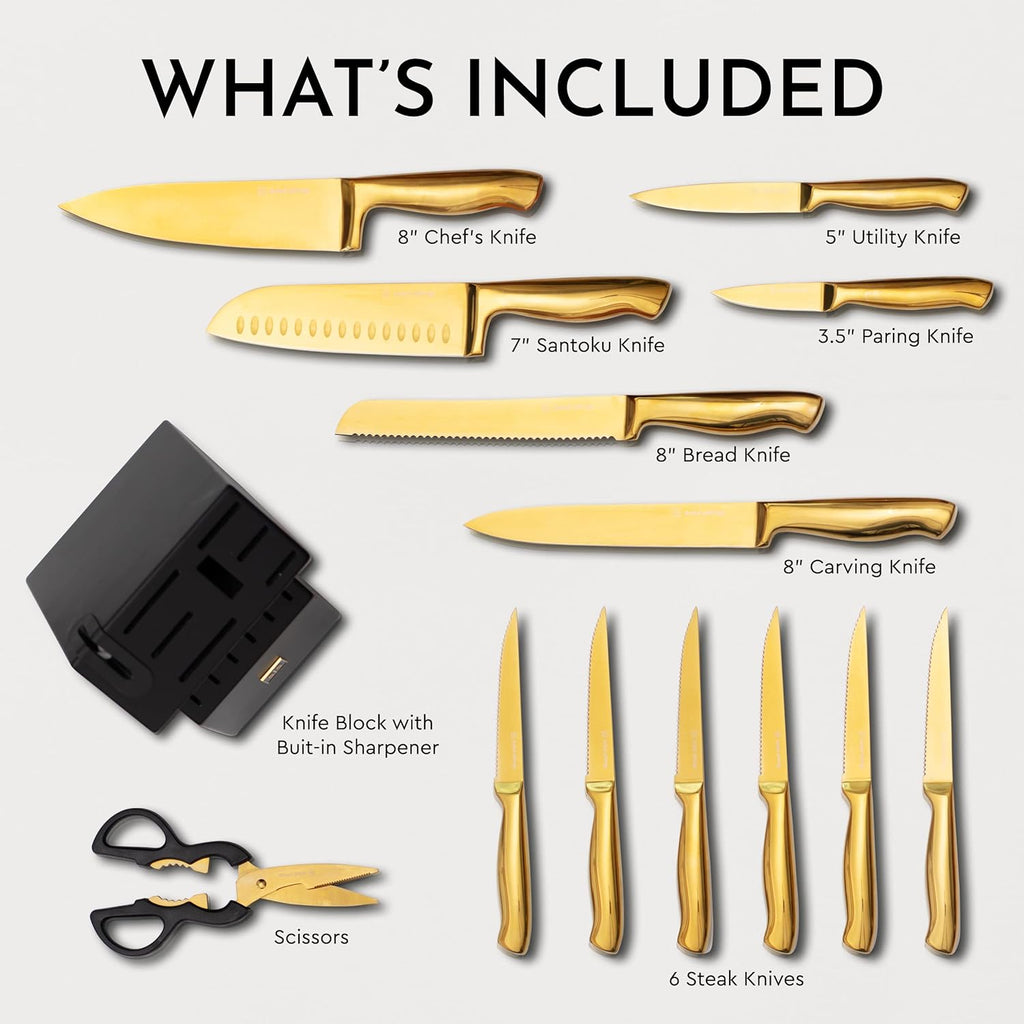 20 Piece Black and Gold Knife Set with Block Self Sharpening O537