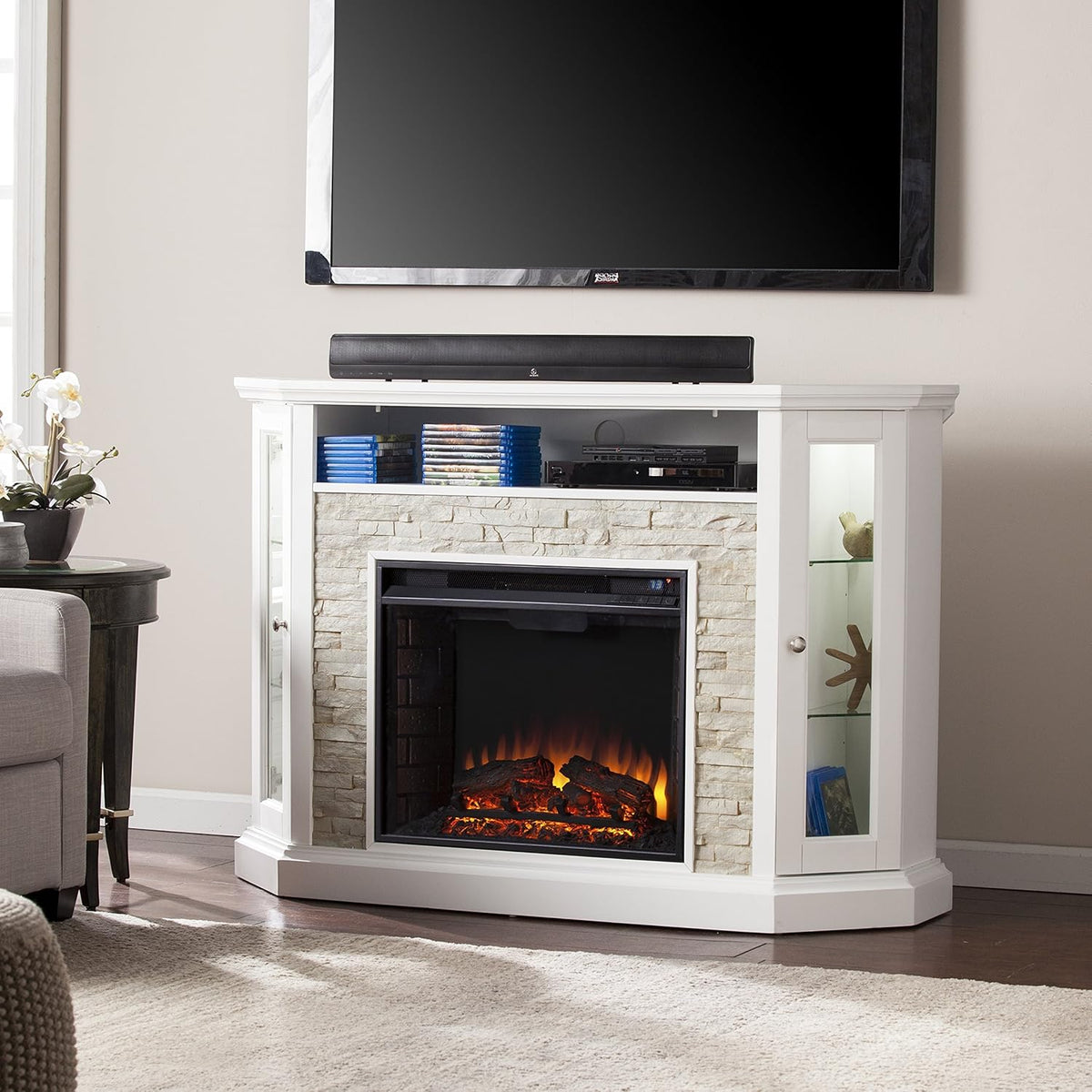 Fresh White Faux Stone Electric Media Storage Corner Fireplace P5897