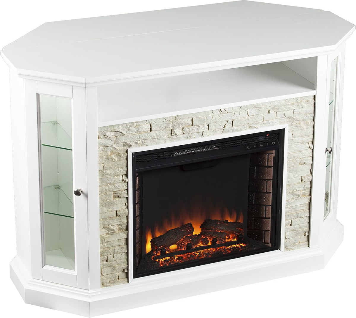 Fresh White Faux Stone Electric Media Storage Corner Fireplace P5897