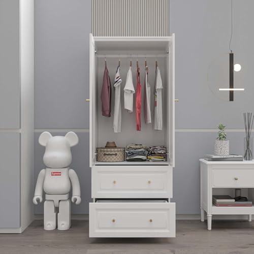 White 6-Door Large Armoire Wardrobe with 3 Drawers & 2 Hanging Rod D5644
