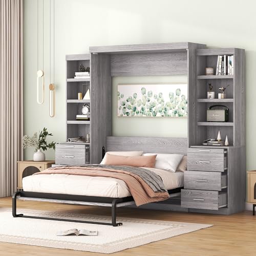 Solid Wood Full Size Murphy Bed Wall Bed with Shelves X7401