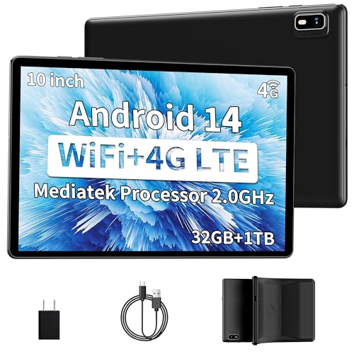 10 inch Android 14 Tablet with 4G LTE Cellular, 10GB+32GB, Protective Case, GPS, 2.0GHz Processor, 8MP Camera, 1TB TF Expandable E434