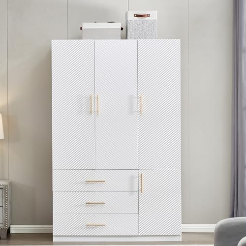 White 4 Doors 3 Drawers Wooden Closet Cabinet Wardrobe Armoire E79392