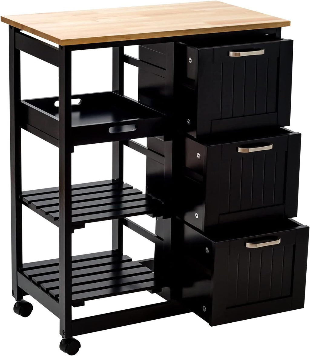 Black Kitchen Island Cart with Storage & Wheels J3525