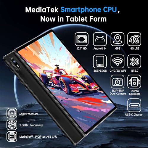 10 inch Android 14 Tablet with 4G LTE Cellular, 10GB+32GB, Protective Case, GPS, 2.0GHz Processor, 8MP Camera, 1TB TF Expandable E434