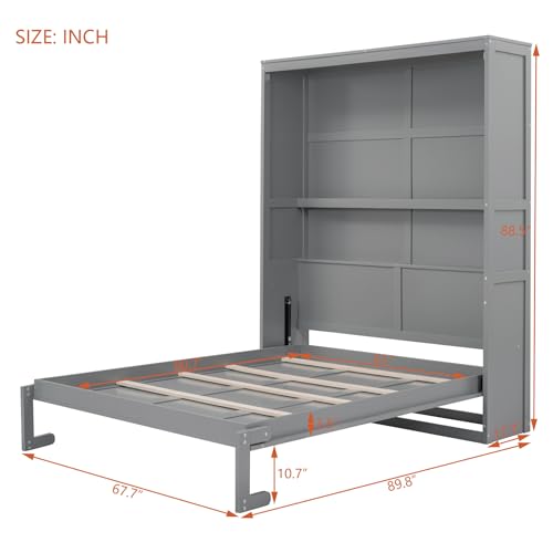 Queen Size Gray Wooden Murphy Bed with Storage Shelves P9096
