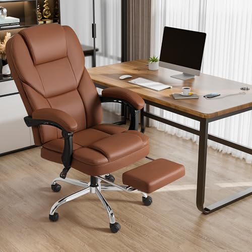 Brown Ergonomic High Back Leather Office Chair with Footrest L68662