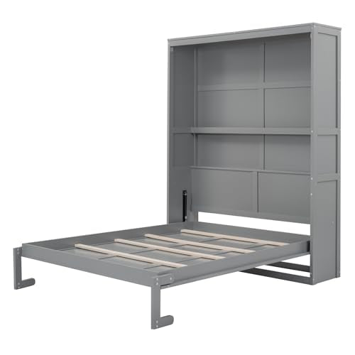 Queen Size Gray Wooden Murphy Bed with Storage Shelves P9096