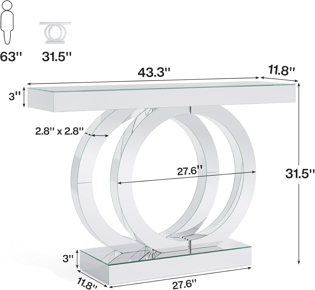 43.3-Inch Mirrored Console Table with Thickened Mirror Finish Tabletop C177526