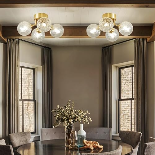 13" 4-Light Gild Brass Clear Ripple Blown Glass Globe Semi Flush Mount Chandelier F349797