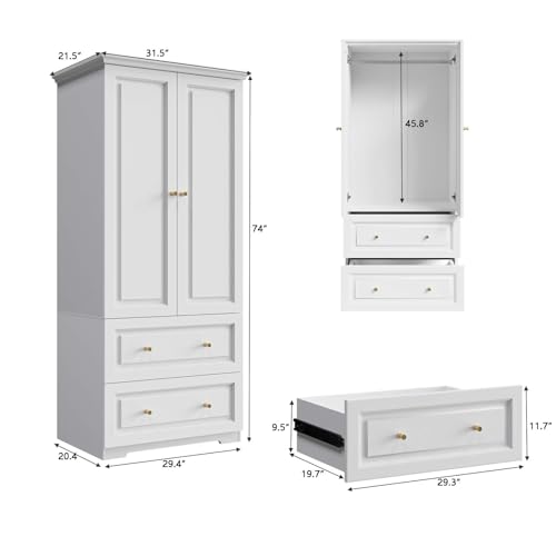 White 6-Door Large Armoire Wardrobe with 3 Drawers & 2 Hanging Rod D5644