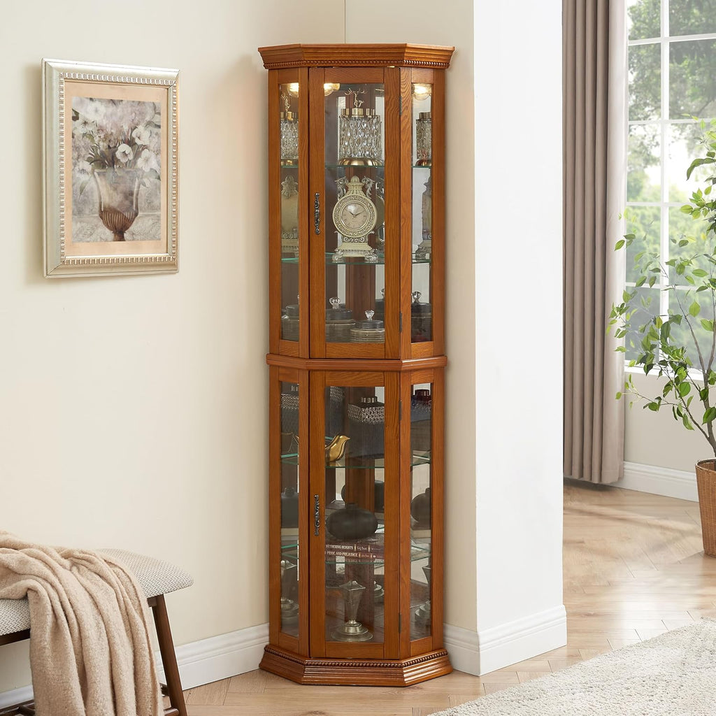 Oak Corner Curio Cabinet with Lights, Adjustable Tempered Glass Shelves, Mirrored Back I26162
