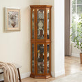 Oak Corner Curio Cabinet with Lights, Adjustable Tempered Glass Shelves, Mirrored Back I26162