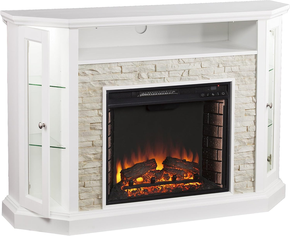 Fresh White Faux Stone Electric Media Storage Corner Fireplace P5897
