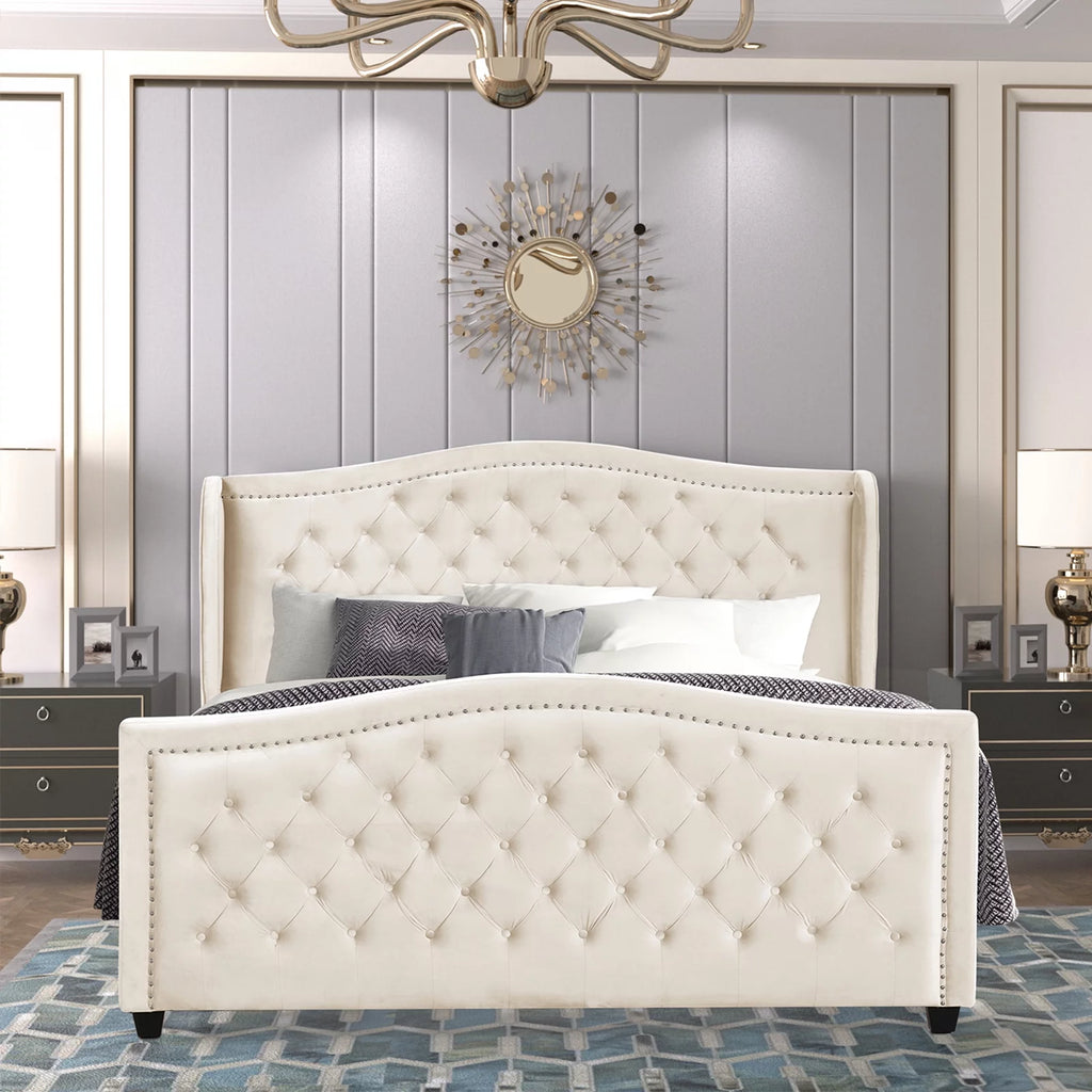 White Velvet Upholstered Tufted Platform Bed Frame X26337