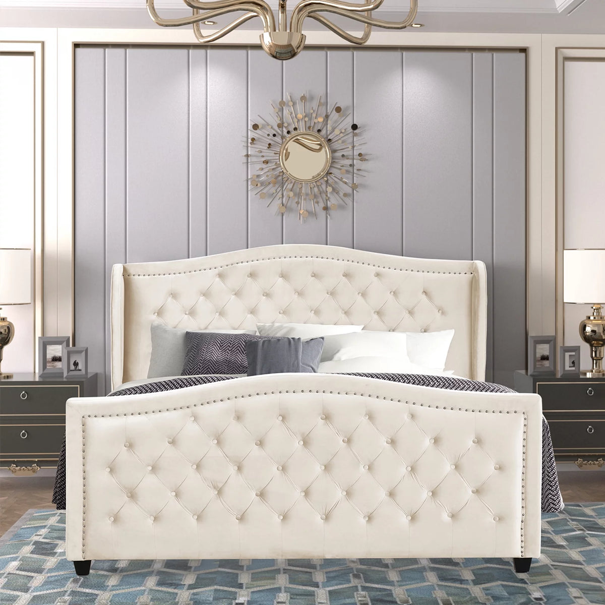 White Velvet Upholstered Tufted Platform Bed Frame X26337