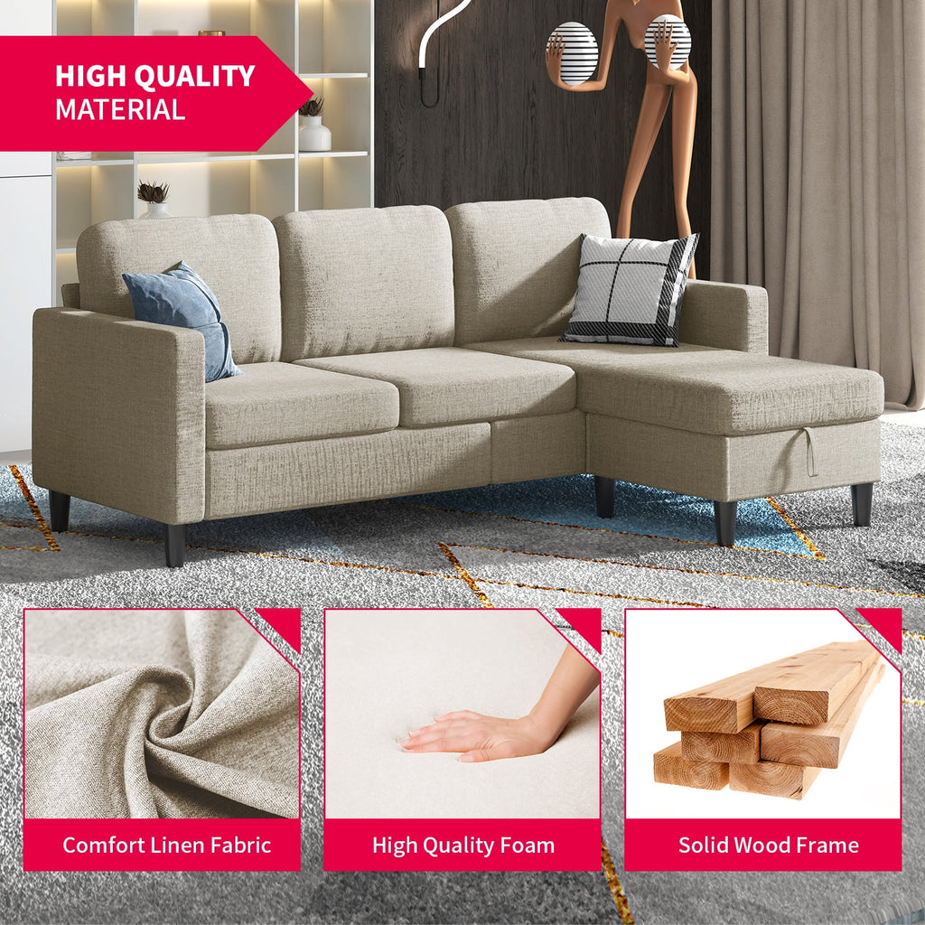 Beige Linen Sectional Sofa with Storage Ottoman G128464