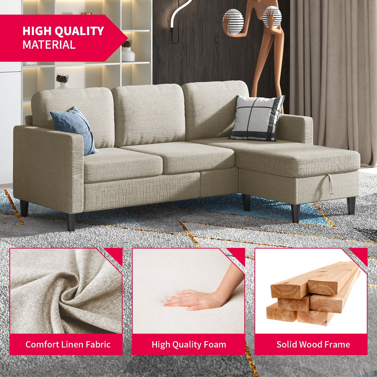 Beige Linen Sectional Sofa with Storage Ottoman G128464