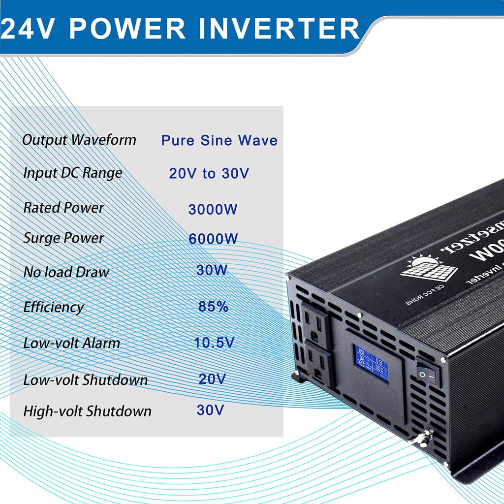 3000w 24v Pure Sine Wave Power Inverter with Dual US Outlet and LCD Display T457