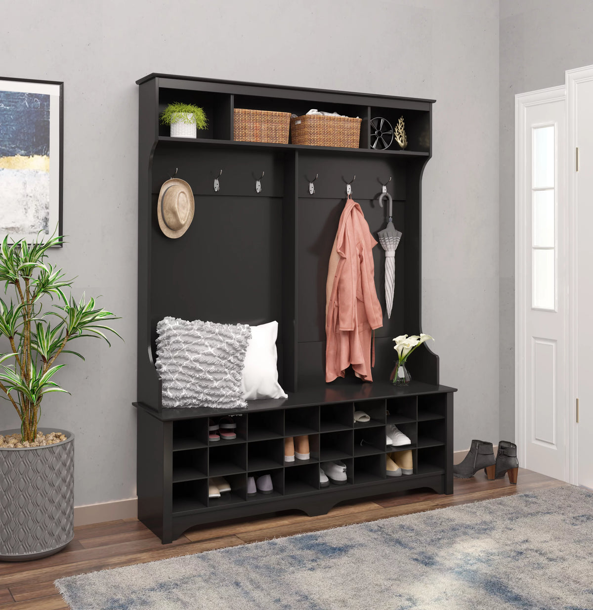 60" Wide Hall Tree with 24 Shoe Cubbies, Black A80712