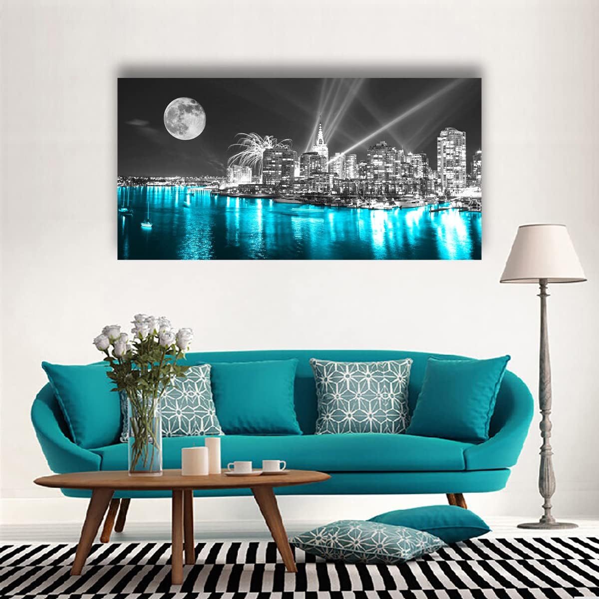 Moon Painting Wall Art Canvas Prints Cityscape Poster Lighted New York City Skyline Pictures Wooden Framed Artwork 20x40 Inches A20149