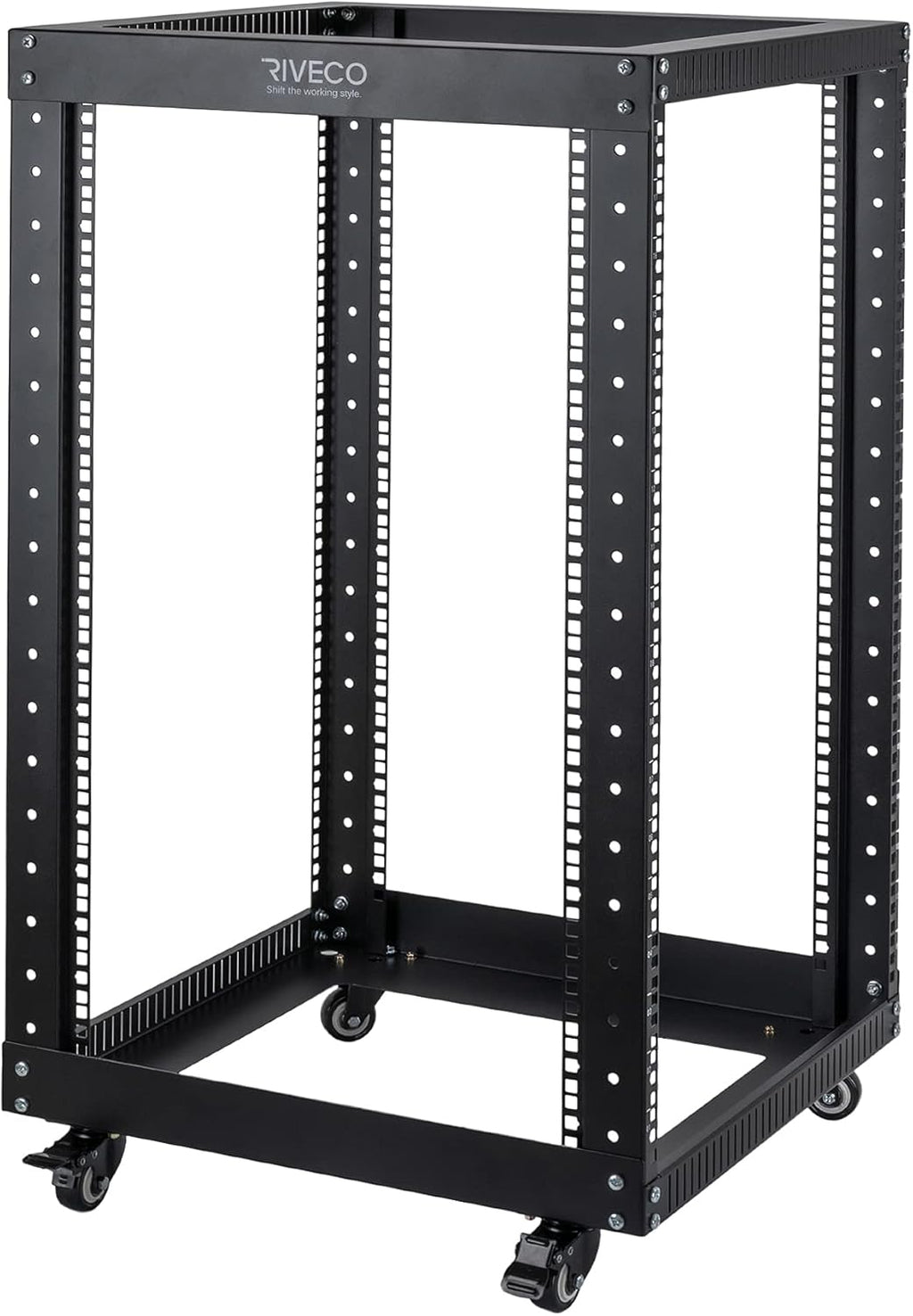18U 4 Post Open Frame Server Rack with Brake Casters Black E30230