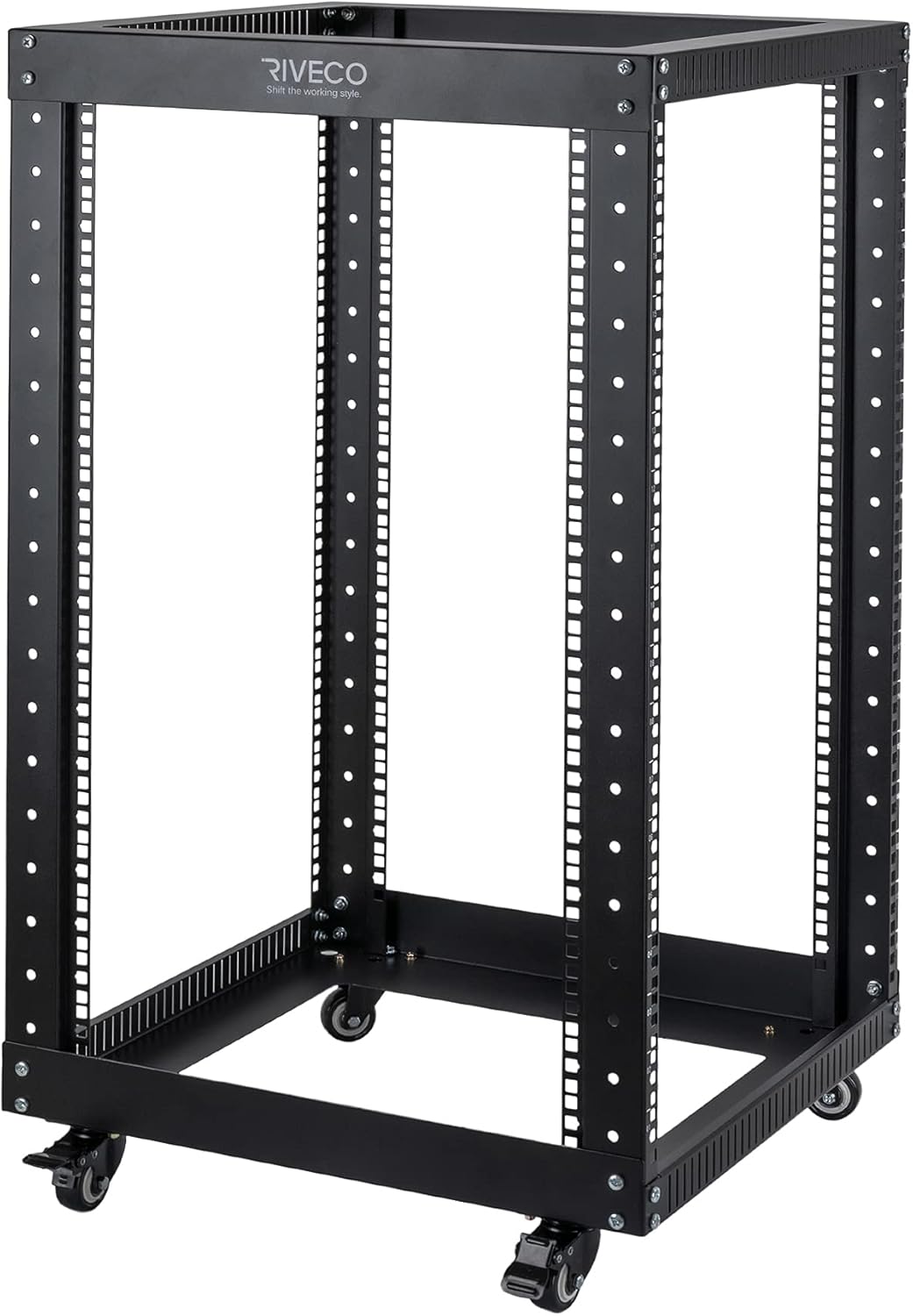 18U 4 Post Open Frame Server Rack with Brake Casters Black E30230