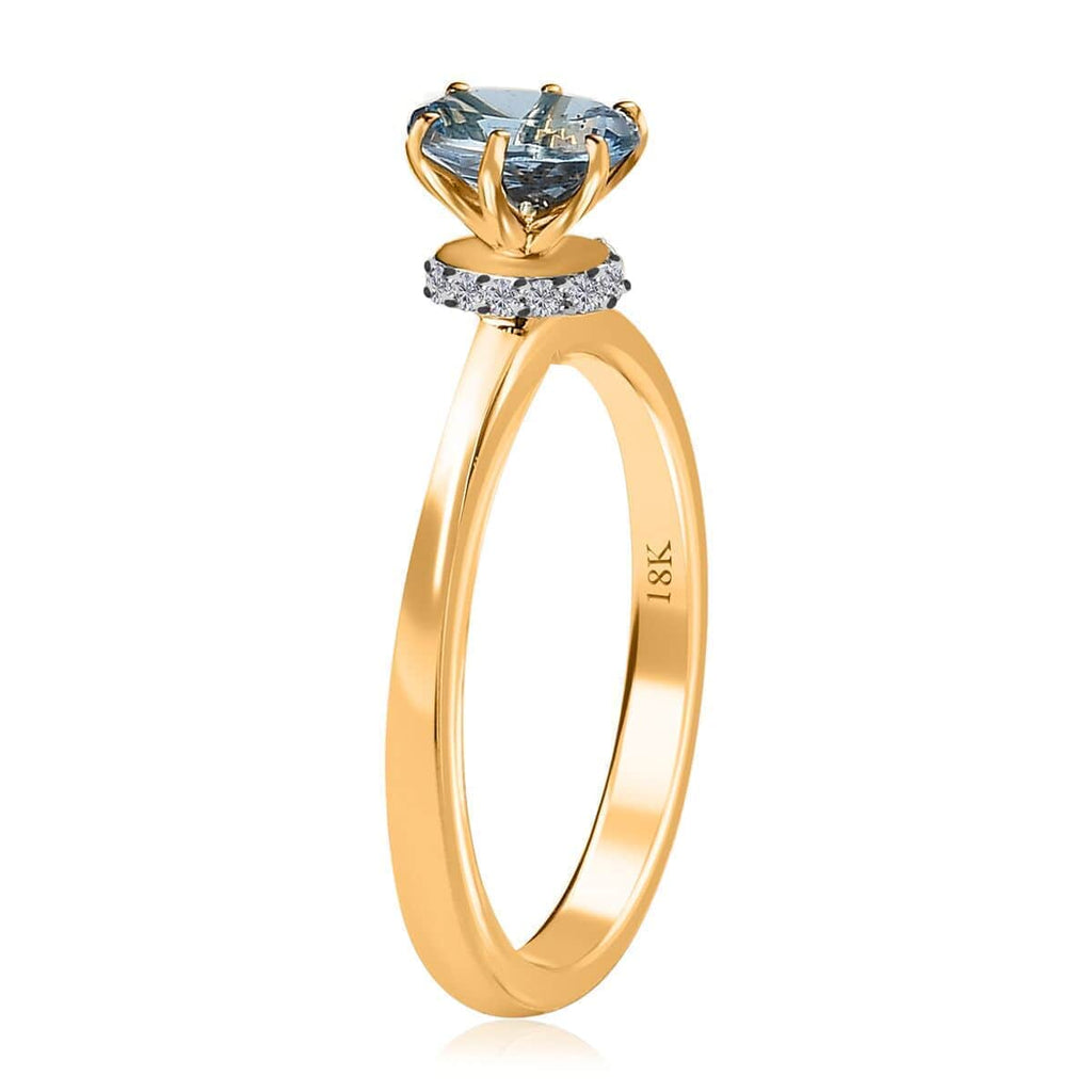 Oval Blue Aquamarine White Diamond 18K Yellow Gold Ring Size 7 M9309