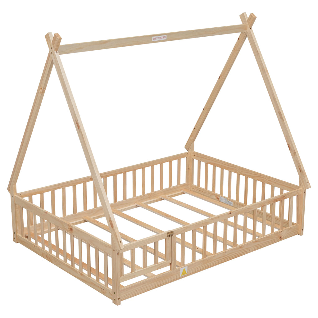 Tent-shaped Floor Bed with Guardrails, Slats, Door R250543