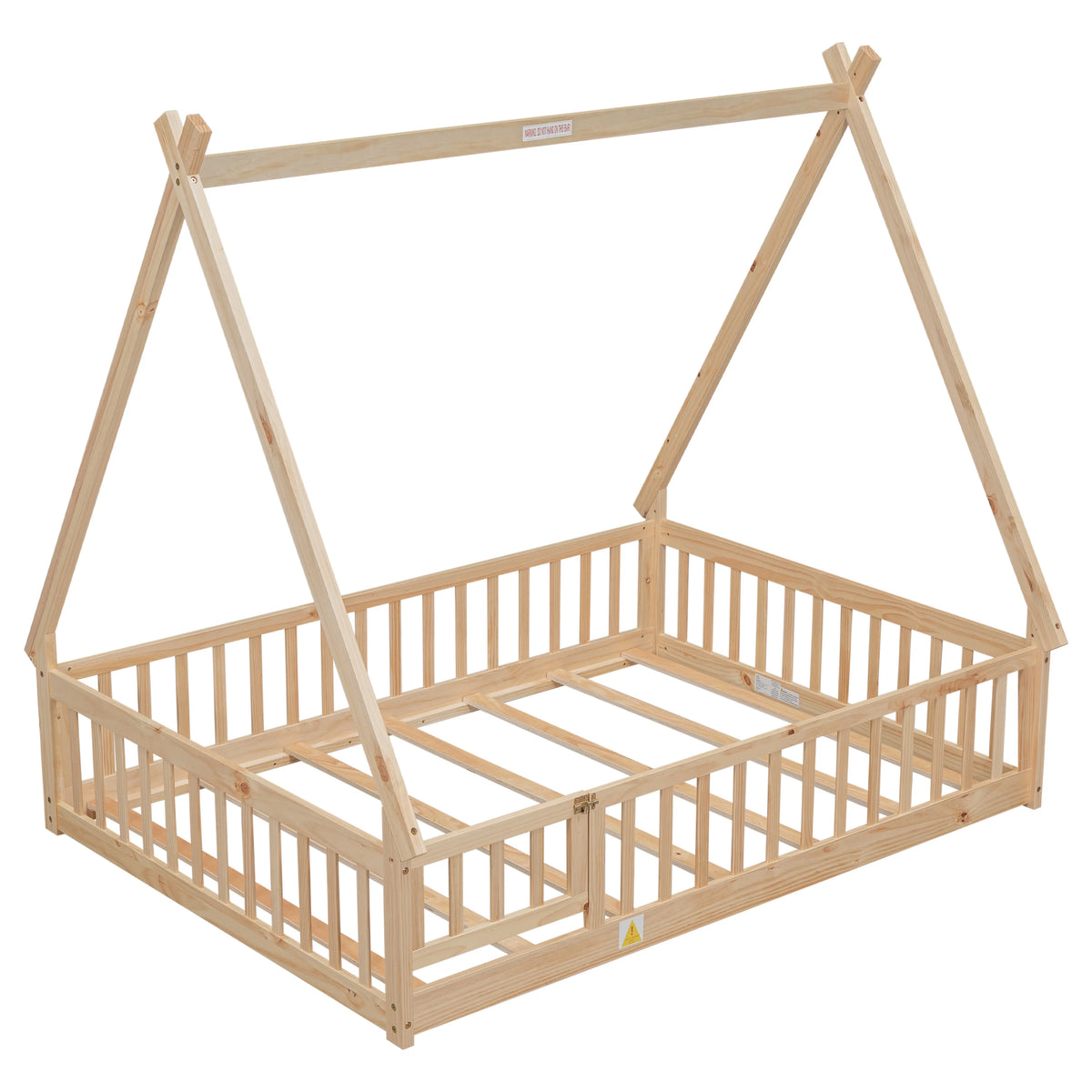 Tent-shaped Floor Bed with Guardrails, Slats, Door R250543