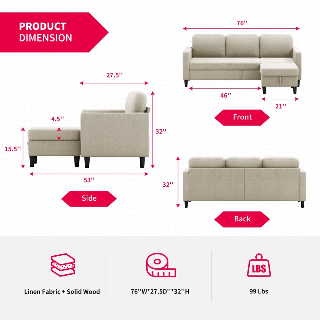 Beige Linen Sectional Sofa with Storage Ottoman G128464