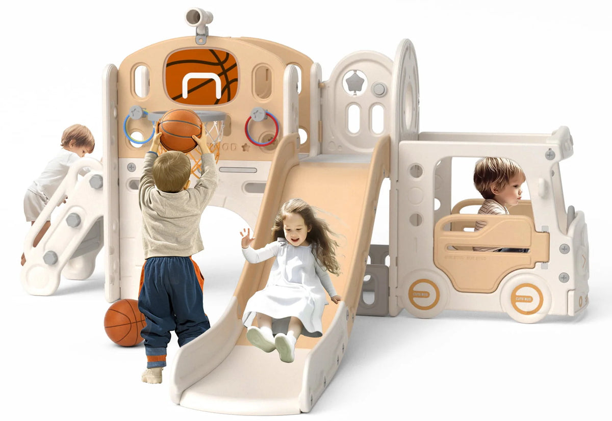 Kids Slide Set with Climber, Basketball Hoop, Tunnel, Playhouse F405
