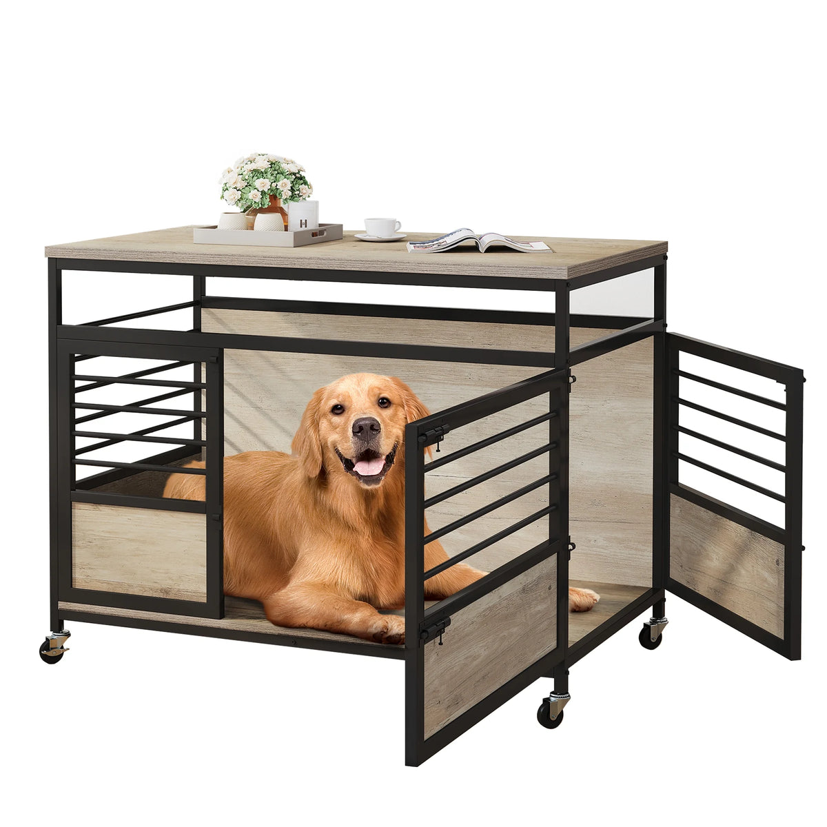 Grey Wooden Dog Crate Furniture with Wheels P7256