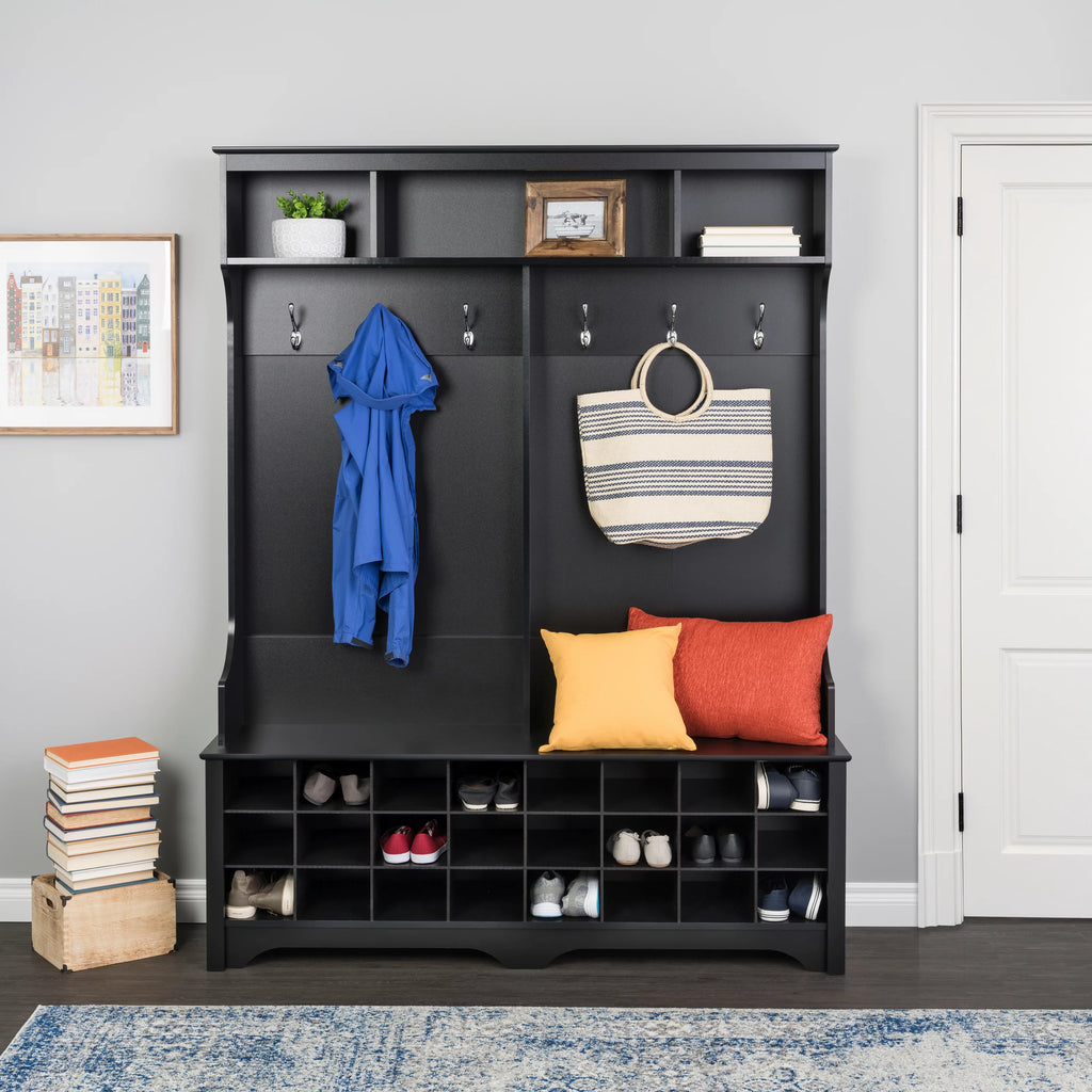 60" Wide Hall Tree with 24 Shoe Cubbies, Black A80712