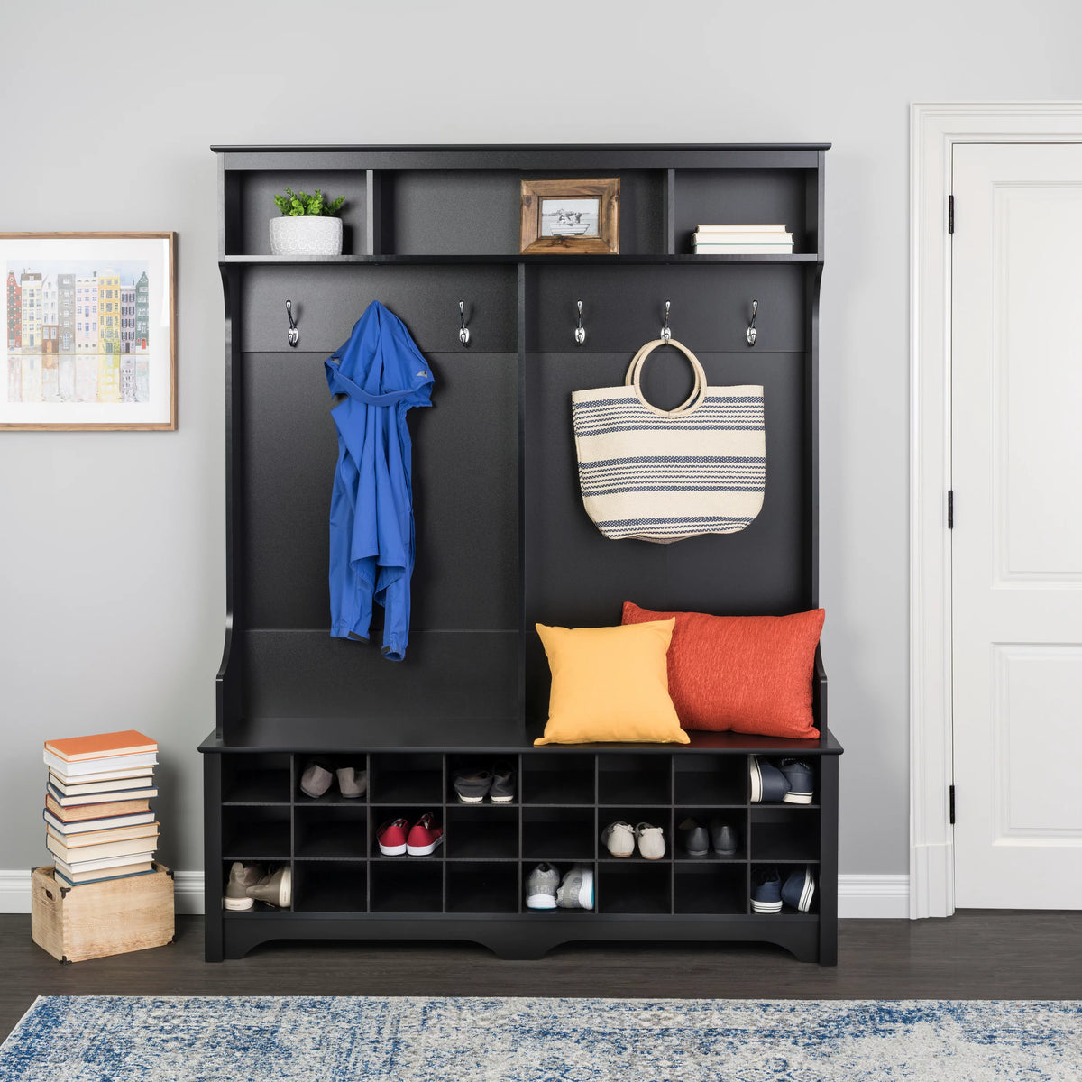 60" Wide Hall Tree with 24 Shoe Cubbies, Black A80712