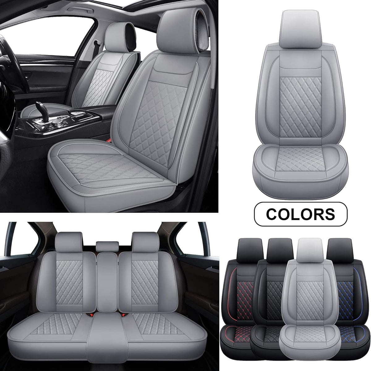 Gray Faux Leather Universal Car Seat Covers Full Set I17688