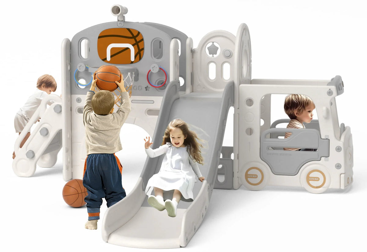 Kids Slide Set with Climber, Basketball Hoop, Tunnel, Playhouse F405