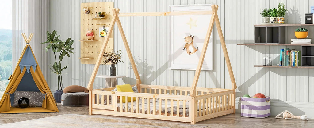 Tent-shaped Floor Bed with Guardrails, Slats, Door R250543