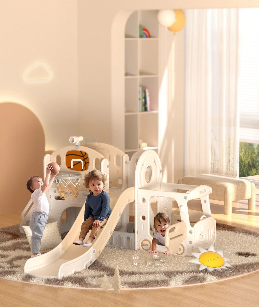 Kids Slide Set with Climber, Basketball Hoop, Tunnel, Playhouse F405