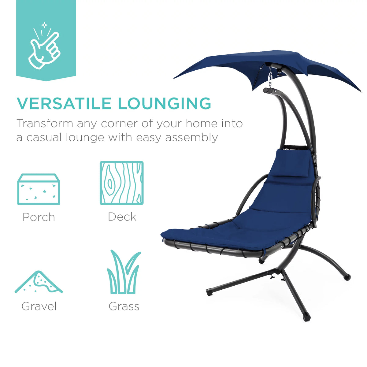 Hanging Curved Chaise Lounge Chair Swing with Pillow, Shade, Stand Navy Blue H673