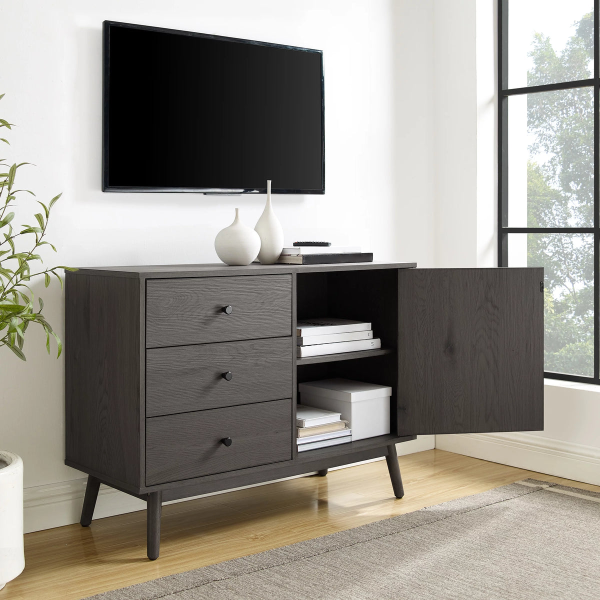 Gray 3 Drawer Engineered Wood Media Console Table N364