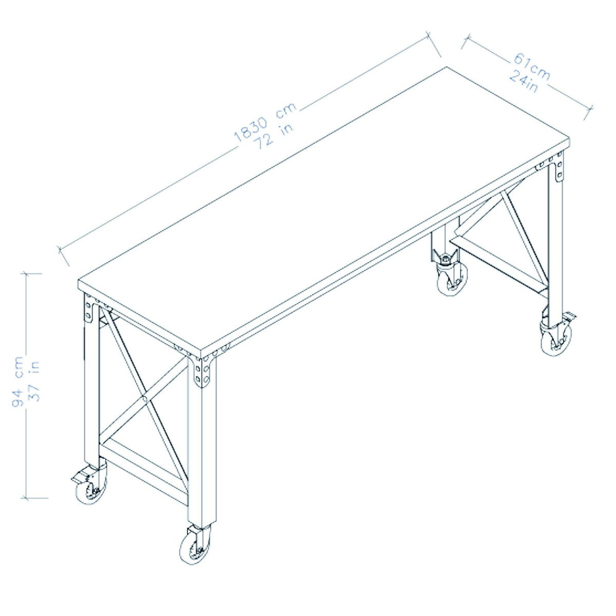 Rolling Industrial Desk with Wooden Top 52 Inches x 24 Inches J241689