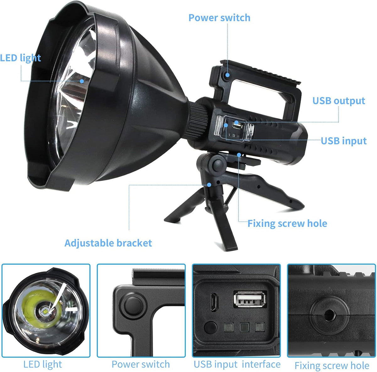 Rechargeable LED Spotlight Flashlight 90000 Lumens with Tripod G912
