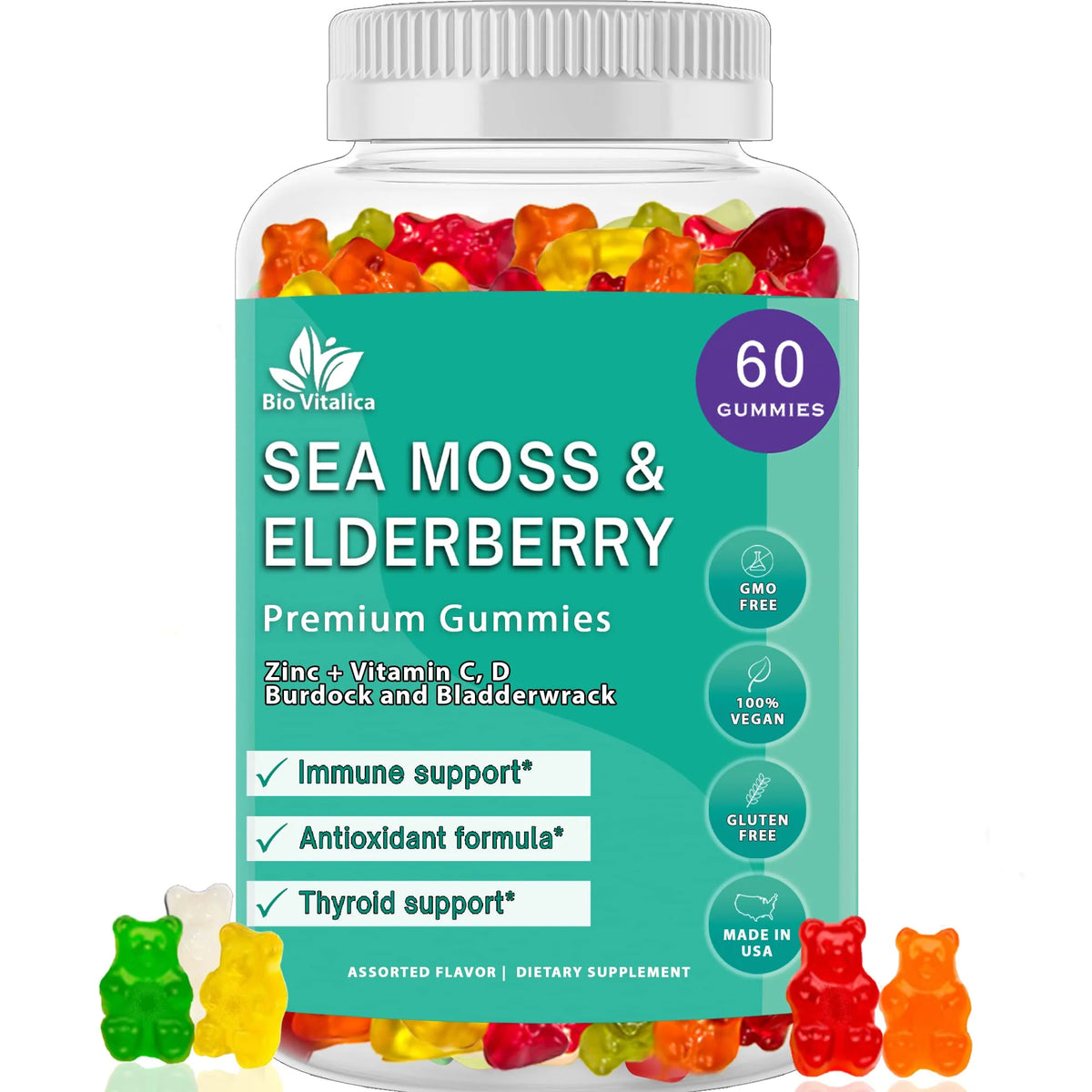 Sea Moss Elderberry Vitamin C D Zinc Vegan Gummies I1581