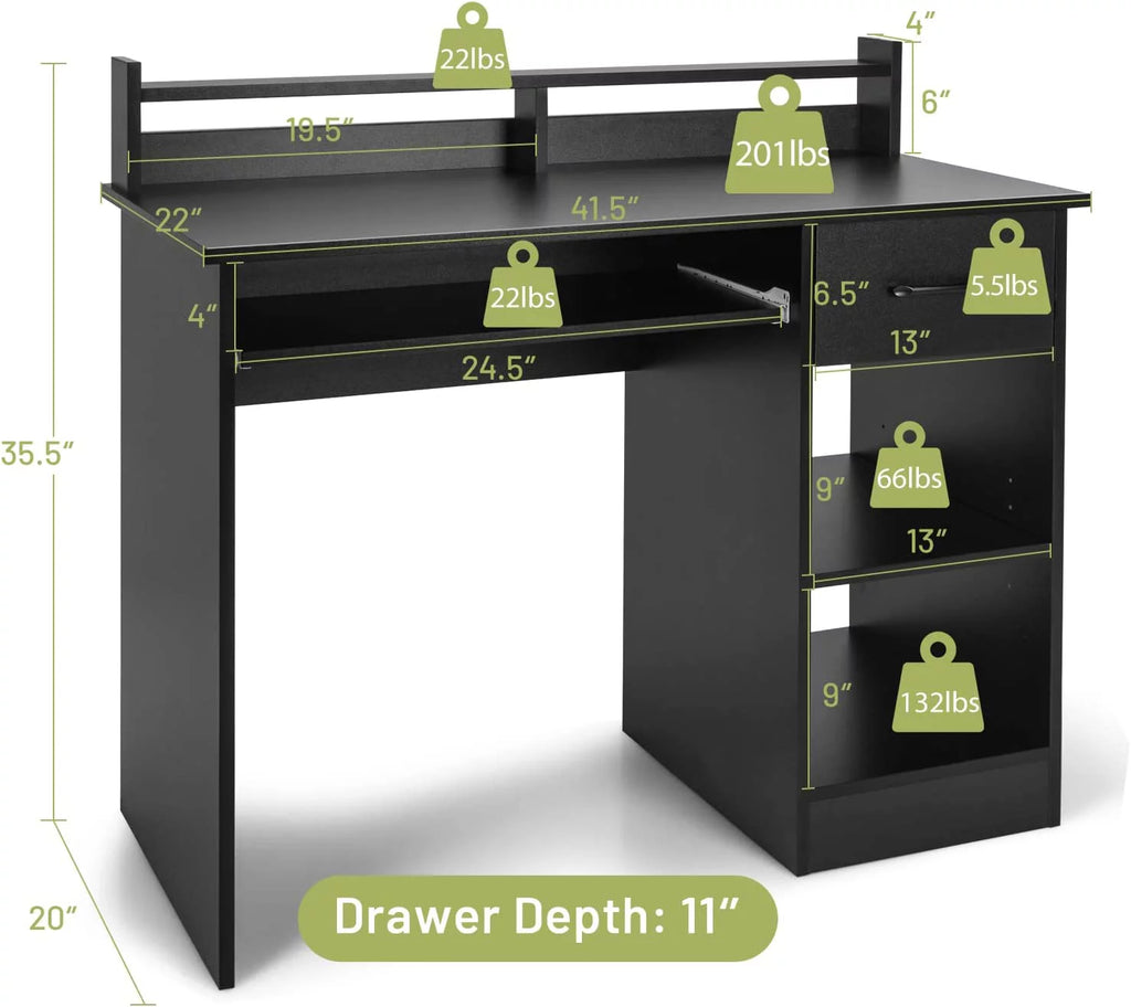 Computer Desk with Drawer & Keyboard Tray, 22 Inch Wide Wood Desk with Hutch & Storage Shelves I48861