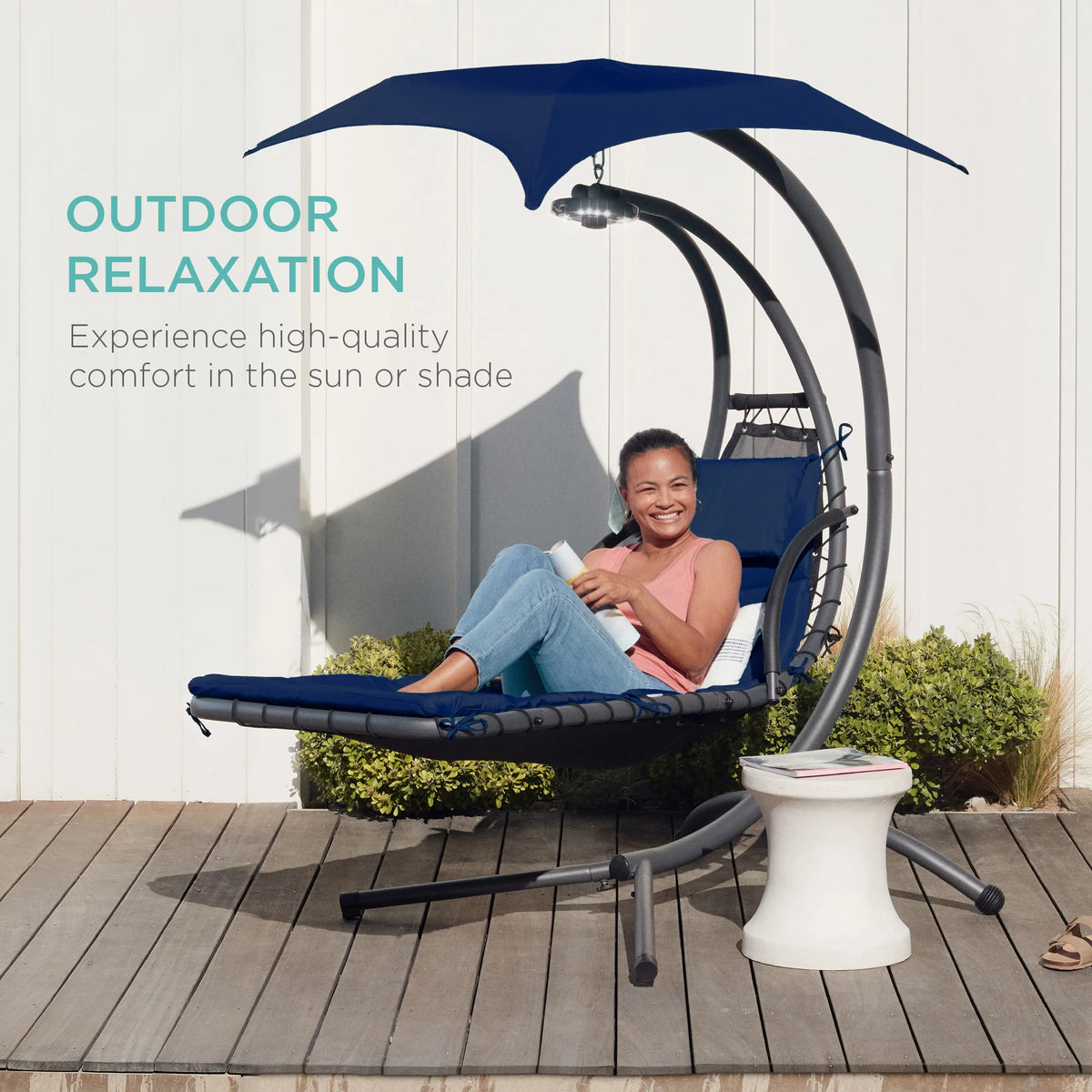 Hanging Curved Chaise Lounge Chair Swing with Pillow, Shade, Stand Navy Blue H673
