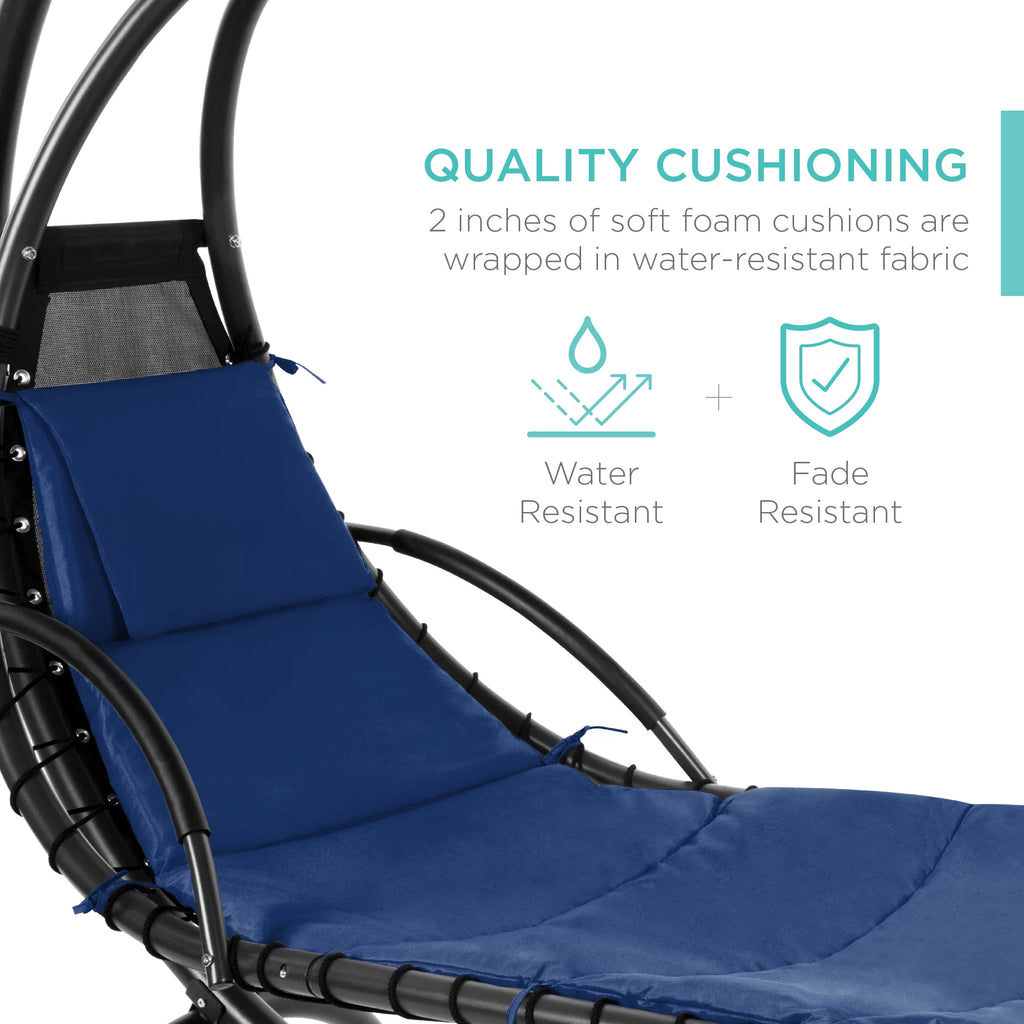 Hanging Curved Chaise Lounge Chair Swing with Pillow, Shade, Stand Navy Blue H673