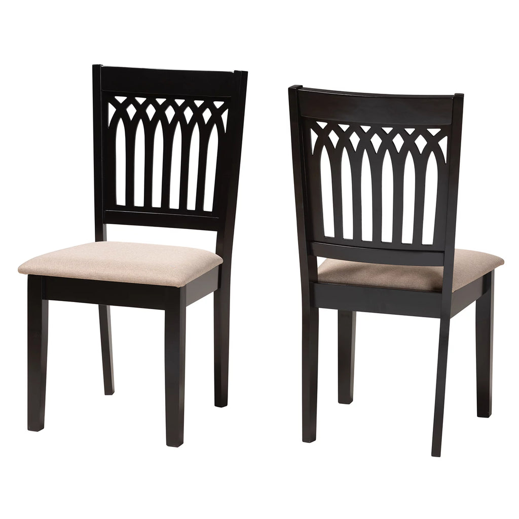 Beige Fabric Dark Brown Wood 2-Piece Dining Chair Set W644